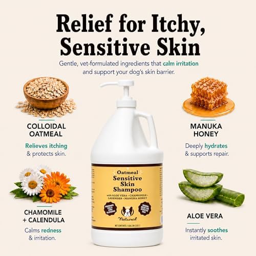 Natural Dog Company Sensitive Skin Dog Shampoo Gallon – Hypoallergenic Oatmeal Shampoo for Dogs, Professional Groomer & Multi-Pet Dog Wash with Aloe Vera & Manuka Honey, Odor Control, 128 oz