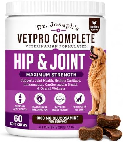 Dr. Joseph's VetPro Complete Dog Hip & Joint Wellness Supplement – High-Strength Glucosamine, MSM, Omega & Chondroitin Chews and Breeds – Vet Formulated Chicken Dog Treat - 60 Count