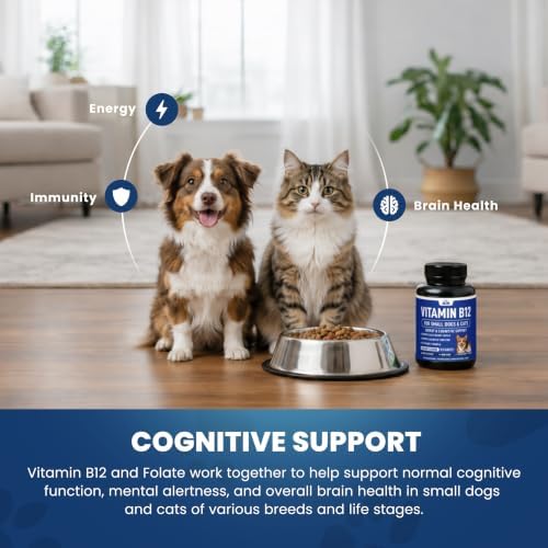 Vitamin B12 Supplement for Small Dogs & Cats with Cobalamin, Folate - Vitamin B12 Dogs and Cats Tablet Energy & Cognitive Support - 120 Chicken Flavored Chewable Tablets -Third Party Tested, Non GMO