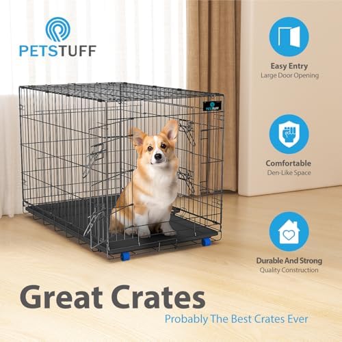 PetsTuff Great CRATES 36” Large Dog Crate - Heavy-Duty Dog Kennel with Divider Panel for Pets 40-60lbs - Durable Leaf-Proof Tray - Foldable, Carry Handle & Wheels for Easy Moving - Two-Door Dog Cage