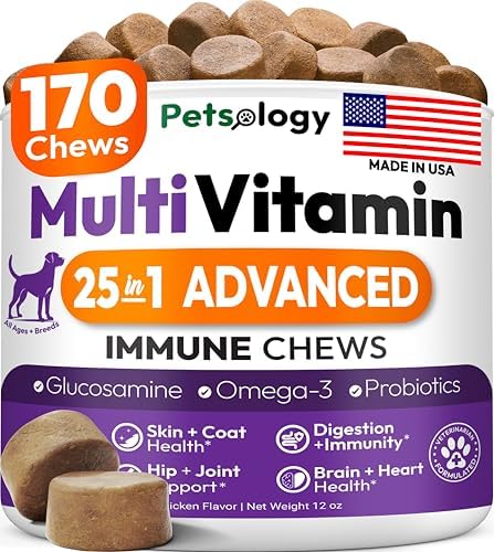 Dog Multivitamin Chewable - 170 Treats - Dog Vitamins and Supplements | Glucosamine, Hip & Joint, Pet Immune Support, Skin & Coat, Gut & Heart Health - Senior & Puppy Multivitamin Pet Supplement