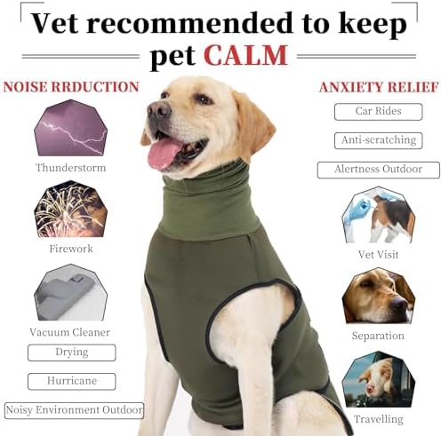 ROZKITCH Dog Anti-Anxiety Vest, Breathable Jacket for Fireworks & Travel, Adjustable Calming Hoodie for Noise Block & Ear Protection ArmyGreen 3XL