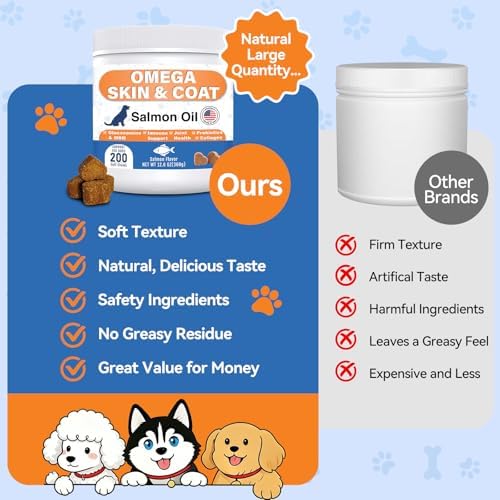 Omega 3 Fish Oil for Dogs - Dog Skin and Coat Chews with EPA DHA, Wild Salmon Oil, Glucosamine, MSM, Collagen- Pet Fish Oil Supplement to Support Gut Joints Heart Eyes Immune, 200 Ct