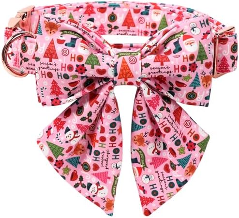 Lionet Paws Christmas Dog Collar with Sailor Bow, Cute Ho Christmas Tree Snowman Pink Dog Collar Bow Tie for Dogs, Small, Neck 10-16 inches