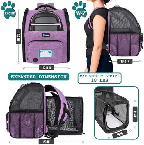 PetAmi Expandable Dog Backpack Carrier, Top Window & Multi-Entry, Up to 18 lbs, Purple