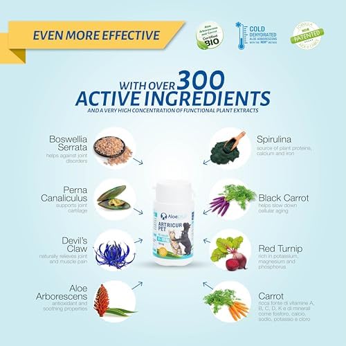 Artricur Pet Joint Supplement for Dogs and Cats 0-1 Kg - 100% Natural Joint Health Supplement with Organic Aloe Arborescens, Spirulina, Boswellia, Devil's Claw, 60 Capsules