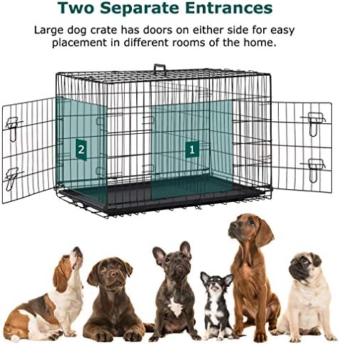 Dog Crate Dog Cage 42 Inches Folding Dog Kennel Double Door Travel Metal Dog Crate with Plastic Tray for Medium Dogs