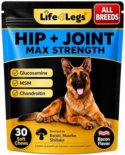 Premium Hip and Joint Supplement for Dogs, Glucosamine for Dogs with Chondroitin, MSM, Turmeric & Omega 3, Daily Dog Joint Supplement Soft Chews, Bacon, 30 Count