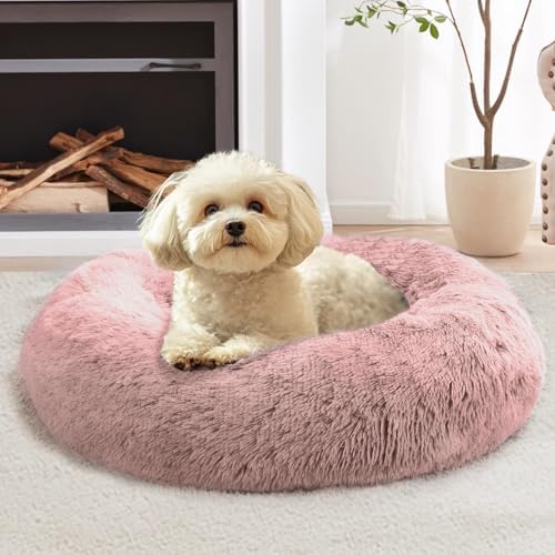 JOLLYVOGUE 20" Calming Donut Dog & Cat Bed, Dark Pink