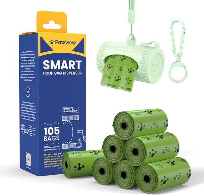 Dog Poop Bags Rolls with Retractable Poop Bag Holder, Leak Proof and Extra Thick Lavender Pet Waste Bags, 70% Recycled GRS Certified, 1 Dispenser and 105 Bags for Doggy Walking & Cat Litter