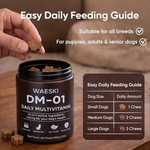 DM-01 Daily Multivitamin for Dogs, 12-in-1 Soft Chews with Salmon Oil, Probiotics, Chondroitin & Vitamins, Skin & Coat, Gut, Hip & Joint and Immune Support, Beef Flavor, 60 Chews