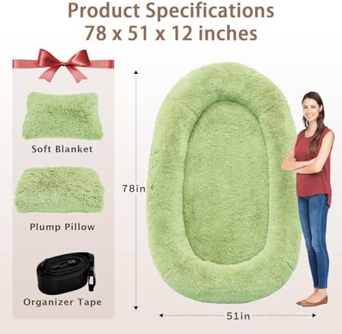 ROOMTEC Human Dog Bed, 78''x51''x12'' Size Fits Adult and Pet Washable Giant People Bed 10 CM Thick Memory Foam Large Oversize Pet Bed with Plump Pillow, Blanket, Strap - Green