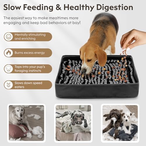 FunFurry Snuffle Mat for Dogs, Dog Puzzle Mat, Interactive Dog Toys for Enrichment,Sniff Mats with Non-Slip Backing,Portable Design Easy to Store (Black, 14" X 12"-Portable)