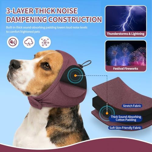BRKURLEG Dog Ear Cover Noise Protection, Thick Padded Ear Wrap, Plum, S | Adjustable Calming Hoodie for Anxiety Relief, Anxiety Relief Head Cover, for Firework, Thunderstorm, Grooming & Winter Warmth