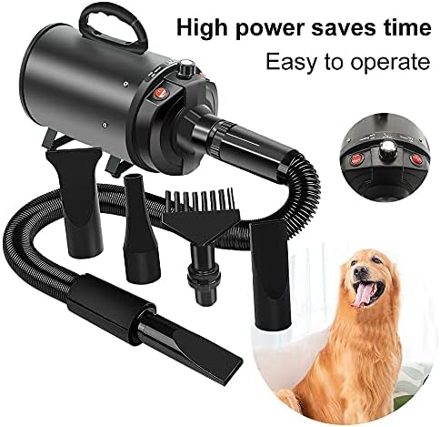 Dog Hair Dryer Quick Dry 2800W Noise Reduction Pet Hair Dryer Home Use Professional Stepless Adjustable Speed Spring Hose 4 Nozzles Dog Blow Dryer for Grooming with Heater