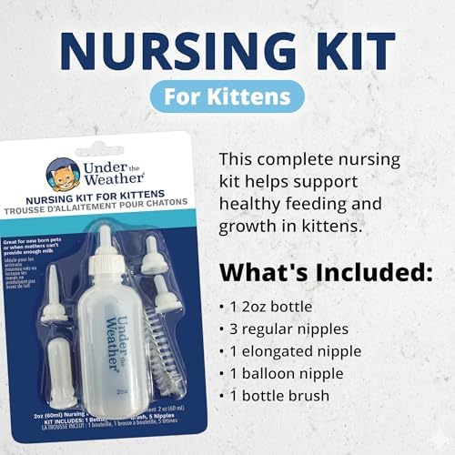 Under the Weather Kitten Milk Replacer Powder + Nursing Bottle Kit | Milk Replacement Formula with Colostrum, Feeding Bottle, 5 Nipple Sizes & Cleaning Brush | Complete Newborn Kitten Feeding Set