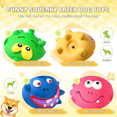Foilswirl 24 Pcs 2.95'' Expression Squeaky Dog Toys Latex Soft Interactive Squeaky Ball for Large Medium Small Dogs Pets Chewing Teething Fetching Playing Training, 4 Styles