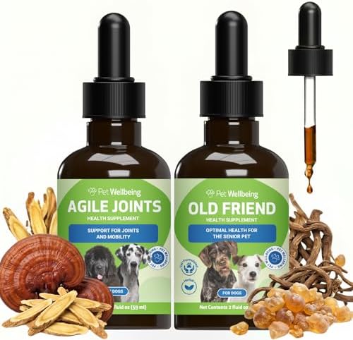 Pet Wellbeing Agile Joints & Old Friend for Senior Dogs - NASC Certified & Vet-Formulated Joint Mobility & Complete Senior Wellness Bundle, Herbal Liquid Formula, Natural Vegetarian Bacon Flavor, 2 (2
