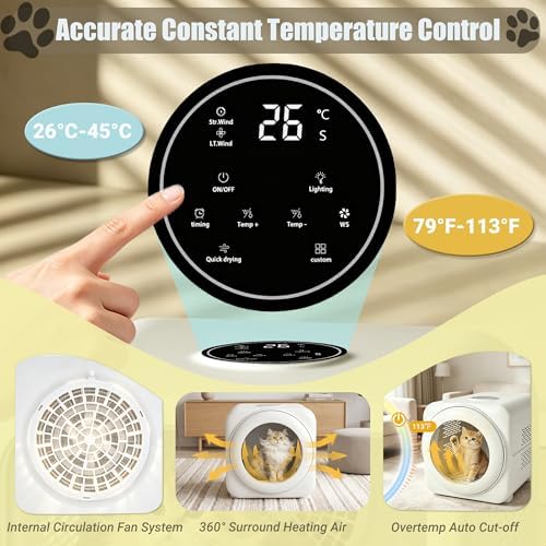Automatic Pet Dryer Box, 360 Fast Dry Cat Dryer for Small Dogs | Ultra Quiet,26–45 Deg C Temp Control,3 Adjustable Wind Speed Settings,3 Million Negative Ions,55L Large Capacity for Cats
