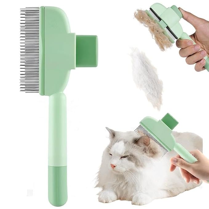 Pet Hair Removal Comb with Release Button for Cats and Dogs, Stainless Steel, Orange