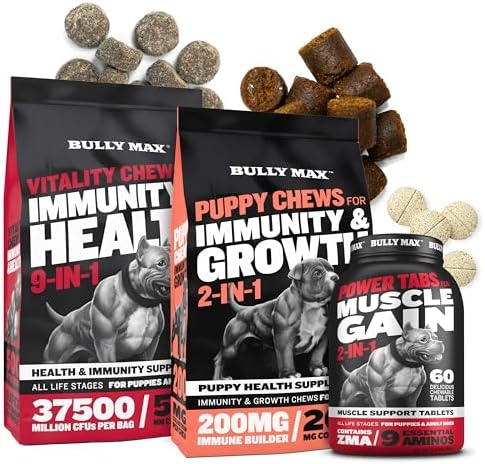 Bully Max Dog Vitality Chews, Muscle Builder Tabs (60 tabs) & Puppy Chews Bundle – Daily Dog Supplements for Muscle Support, Immune Health, and Complete Nutrition for Puppies, Adults, and Seniors