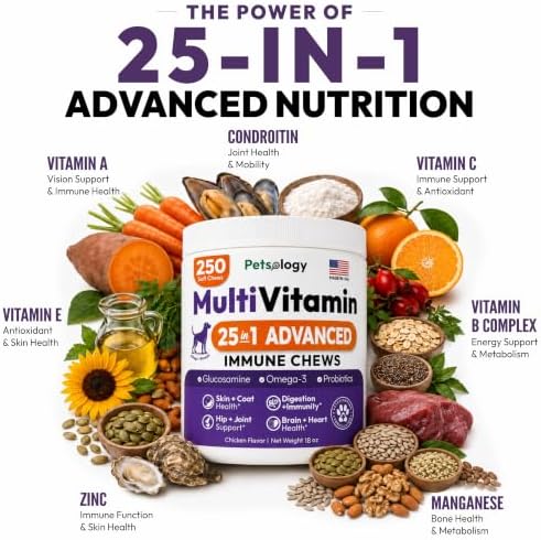 25-in-1 Dog Vitamins and Supplements - 250 Chews Dog Multivitamin Chewable | Glucosamine, Probiotics, Omega 3 for Dogs Skin & Coat, Hip & Joint, Gut, Brain & Immune Support, Senior & Puppy Multivitamin