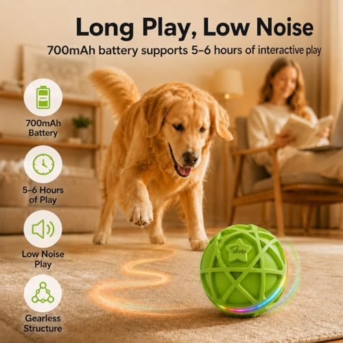 Interactive Dog Ball Toy,Motion-Activated,Rolling&Bouncing,RGB Light | 700mAh rechargeable battery, secure 4-turn thread, tough rubber shell, IPX7-rated outer shell, 5-minute play cycles,Green
