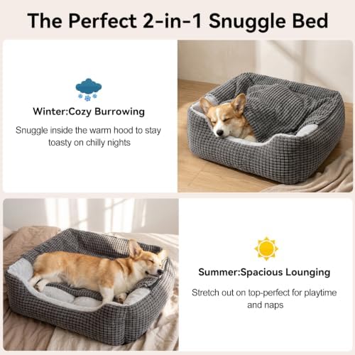 GASUR Dog Beds for Large Medium Small Dogs, Rectangle Cave Hooded Blanket Puppy Bed, Luxury Anti-Anxiety Orthopedic Cat Beds for Indoor Cats, Warmth and Machine Washable (30 inches, Grey)
