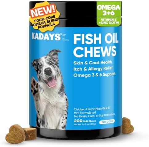Omega 3 Skin and Coat Supplement for Dogs 200 Chews Meat-Free Dog Omega 3 Chews with EPA & DHA Fatty Acids Dry Skin Relief Shedding Allergy Itching Promotes Heart Hip & Joint Health Chicken Flavor