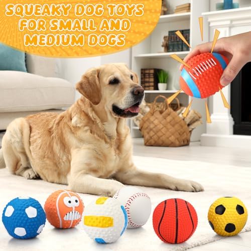 Gemscream 10 Pack 2.4" Squeaky Latex Dog Toys for Small Medium Puppy | Soft Rubber Bouncy Chew Ball, Interactive Dog Toys with Football Soccer Volleyball Basketball Tennis Baseball, Outdoor