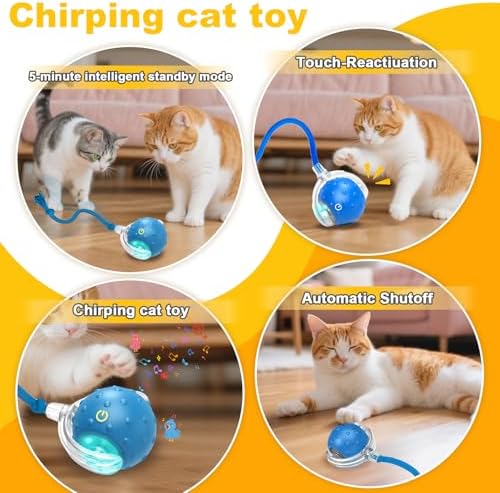 Interactive Cat Toys Ball for indoor Cats＆Dog,Automatic Cat Toy with Smart Obstacle Avoidance,Bird Chirps & Auto Wake-Up,Includes 4 Cat Spiral Spring,Cat Enrichment Toys for Indoor Cats(Blue)
