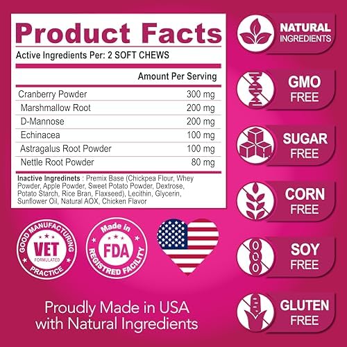 Dog UTI Chews - Cranberry Supplement for Dogs - Urinary Tract Support | Advanced Bladder Control - Cranberry Support Supplement, Vitamins Multivitamin Chews - 120 Chews - Made in USA