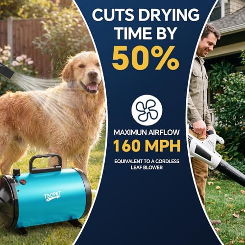 Dog Dryer High Velocity Dog Hair Dryer 5.2HP/3800W, Stepless Adjustable Speed Temperature Dogs Grooming Blow Dryer, Pet Dryer with 4 Nozzles,Blow Dryer for Dogs, Blue