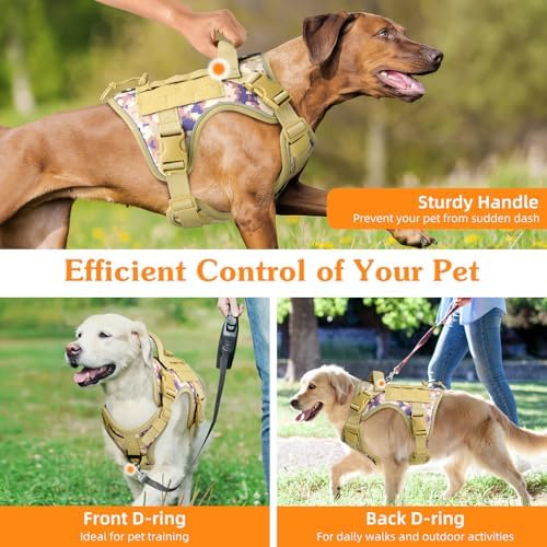 VavoPaw Heavy Duty Tactical Dog Harness for Large Dogs, No Pull Adjustable Pet Harness Reflective Service Training Easy Control Pet Vest Military K9 Working Dog Harnesses, Desert Camouflage, L