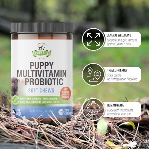 Strawfield Pets' Puppy Multivitamin + Probiotics for Dogs Puppy Vitamins with Joint Support Supplement for Dogs & Puppies Tasty Bacon Flavor 120 Soft Chews