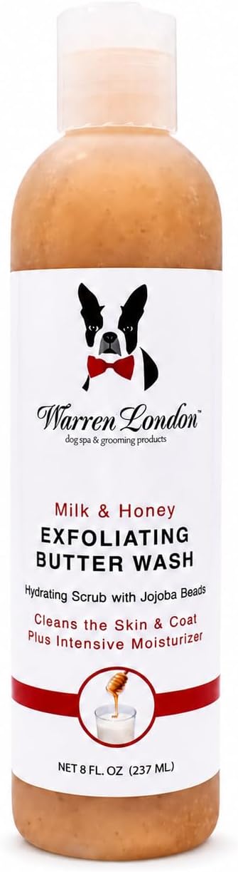Warren London Exfoliating Butter Wash Dog Shampoo – Milk & Honey, 8 oz | Cleansing, Conditioning & Exfoliating Shampoo with Jojoba Beads for Dry Skin, Flakes, Soft Coat & Shine | Made in USA