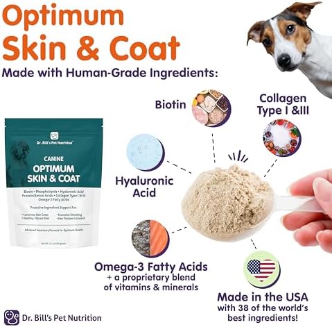 Dr. Bill's Canine Optimum Skin & Coat – Reduces Shedding, Itching, Dry Skin – Allergy Relief for Healthy Fur - Omega 3, Collagen, Biotin & Hyaluronic Acid – 340g Vet-Recommended Dog Supplement