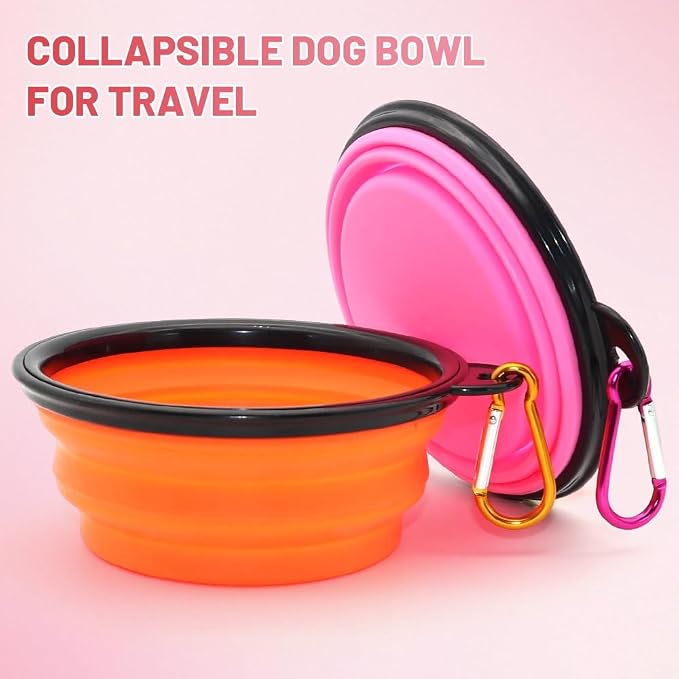 SLSON Collapsible Dog Bowls, 2 Pack, with Carabiners, Small, Orange+Pink