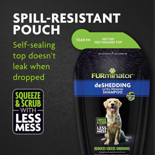 FURminator Ultra Premium deShedding Shampoo for Dogs, 16 oz Pouch | Self-Sealing Spill Resistant Pouch, Reduces Excess Shedding, Helps Remove Wet Dog Smell, No Parabens or Dyes, Fresh Scent