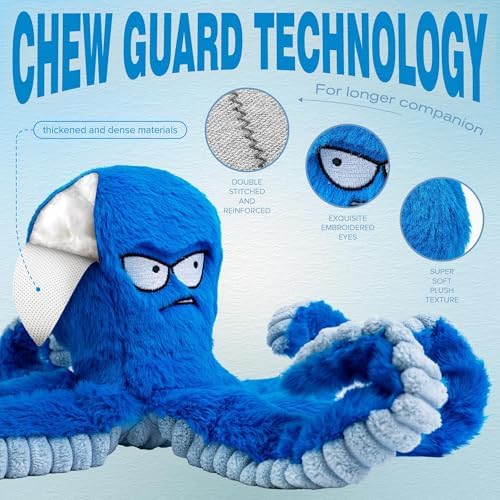 LEGEND SANDY Tough Dog Toys, Stuffed Chew Large Dog Toys to Keep Them Busy, Interactive Squeaky Tug of War Doggie Toy, Crinkle Blue Octopus | Interactive Tug of War Puppy Toys, Crinkle Stuffed Octopus for Small Medium and Large Breeds, Birthday Gift fo...