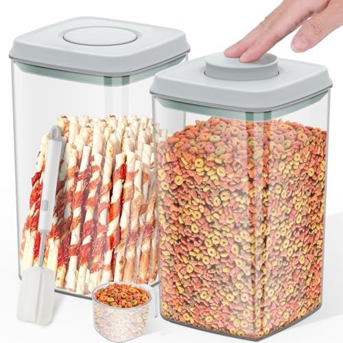 LEAWALK 4.2Qt 2Pack Airtight Dog Cat Food Storage Container and Dog Treat Containers BPA-Free, PET Clear Stackable Pet Storage Bin, 1 Cup Scoop, 1 Sponge cleaning brush, Pop Top, With handle (Grey)