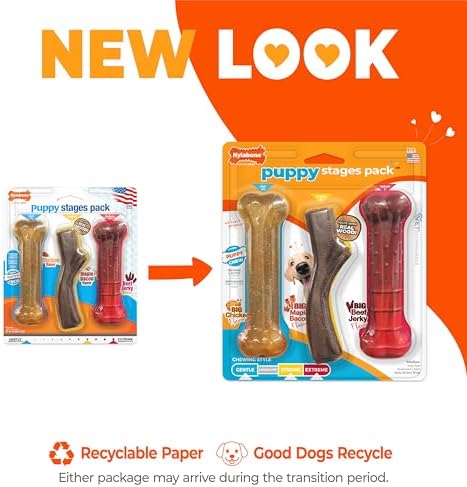 Nylabone Puppy Stages Pack Dog Chew Toys, 3 Count | Medium, chicken, bacon, & beef jerky flavor, variety of engaging shapes, teething toys for puppy enrichment, up to 35 lbs