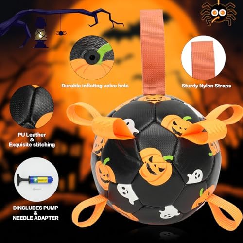 Dog Toys Balls, Dog Soccer Ball with Straps, Dog Birthday Gifts, Durable Balls for Small Medium Pet, Puppy Outdoor Toy, Pet Training Soccer Ball, World Cup Soccer (6 Inch) (Ghost, Medium)