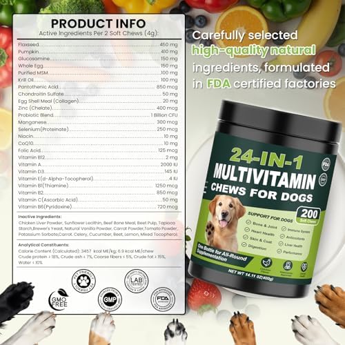 24-in-1 Dog Vitamins and Supplements 200 Ct Daily Multivitamin for Dogs | Hip & Joint, Skin, Digestion, Immune, Heart, Brain, Eye Health Support with Glucosamine, Probiotics, Omega 3 - Chicken