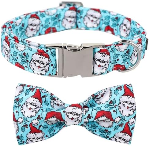 Lionet Paws Christmas Dog Bowtie Collar - Cute Cotton Adjustable Blue Dog Collar with Bowtie for Small Medium Large Dog Girl Boy Gift, S, Neck 10-16in