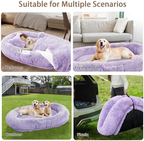 ROOMTEC Human Dog Bed, 71''x45''x12'' Size Fits Adult Pet Washable Oversize People Bed 10 CM Thick Memory Foam Large Giant Pet Bed with Plump Pillow, Blanket, Strap - Purple