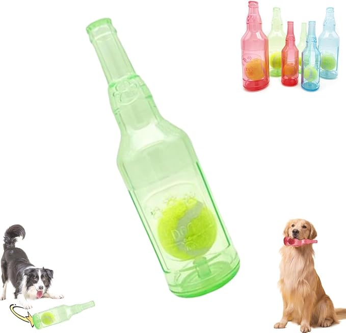 LELEBEAR Dogs Play Bottle Toy, Interactive Dog Chew Toy with Tennis Ball, Dog Toys Water Bottle Cruncher (Green, Small: 7.67 * 2.16in)