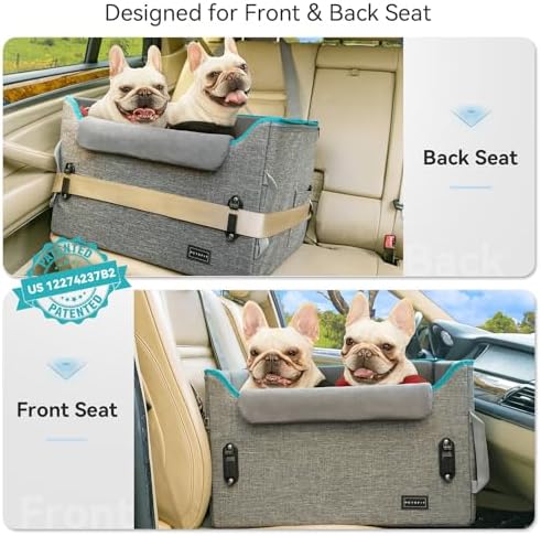 PETSFIT Dog Booster Car Seat, Small/Medium Dogs, 2 Clip-On Leashes, Storage Pockets, Under 45 lbs, Grey