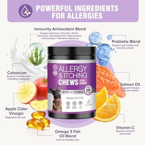 Dog Allergy Chews 200ct - Dog Allergy Itching Skin Relief Immune Support Anti Itch Probiotics for Yeast, Itchy Skin and Itchy Ears, Vitamins for Seasonal Allergies Itchy Skin Gut Health,Peanut Butter