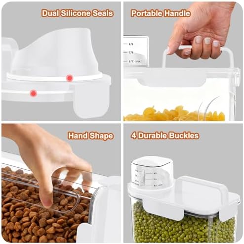 Uppetly Dog Cat Food Storage Container, 5-7Lbs Pet Food Containers, Airtight Cat Food Container with Portable Handle & Measuring Cup, Small Animal Dry Food Dispenser for Dogs, Cats and Birds White